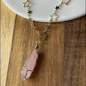 Gold Star or Heart Necklace with Wire Wrapped Rose Quartz Crystal Pendant