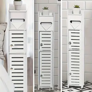 White Small Bathroom Locker, Suitable for Small Space, Toilet Locker, for Thin Bathroom Storage Corner Floor, Ultra-Thin Toilet Paper Locker, with 2 Doors and Shelves