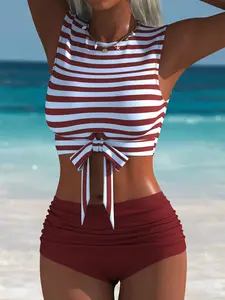 Striped Sleeveless Tie Knot Two-Piece Swimsuit, Vacation Style Beachwear, Summer Swimwear for Women