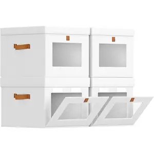 Storage Bins with Lid - Closet Organizer with Side Opening and Clear Window, Foldable Stackable Fabric Basket for Clothes, , Office - 13.77" x 11.8" x 9.8", 4 Pack, White