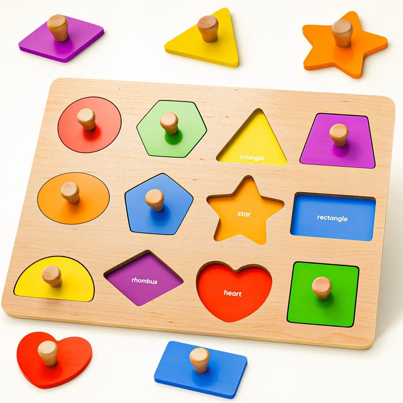 Natural Wood Shape Peg Puzzles for 1-3 Year Old Toddlers, Montessori Manual Learning Toys with Shape Sorter, Color Match, Bright Colors, Toddler Activities, Perfect Halloween Christmas Thanksgiving Easter Gift