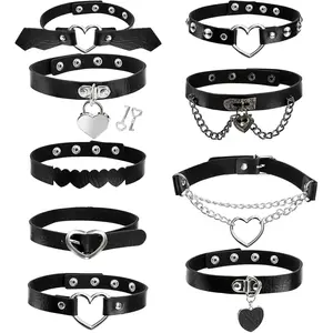 9 count Adjustable Punk Goth Choker Heart Shaped Theme PU Leather Necklace Gothic Choker Set Black  Chain for Valentine's Day Party  Birthday