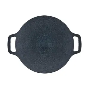 Korean BBQ Grill Pan Set - Non-stick Cast Iron Outdoor Griddle for Camping Stove, 33cm Round Skillet with 30 Parchment Sheets