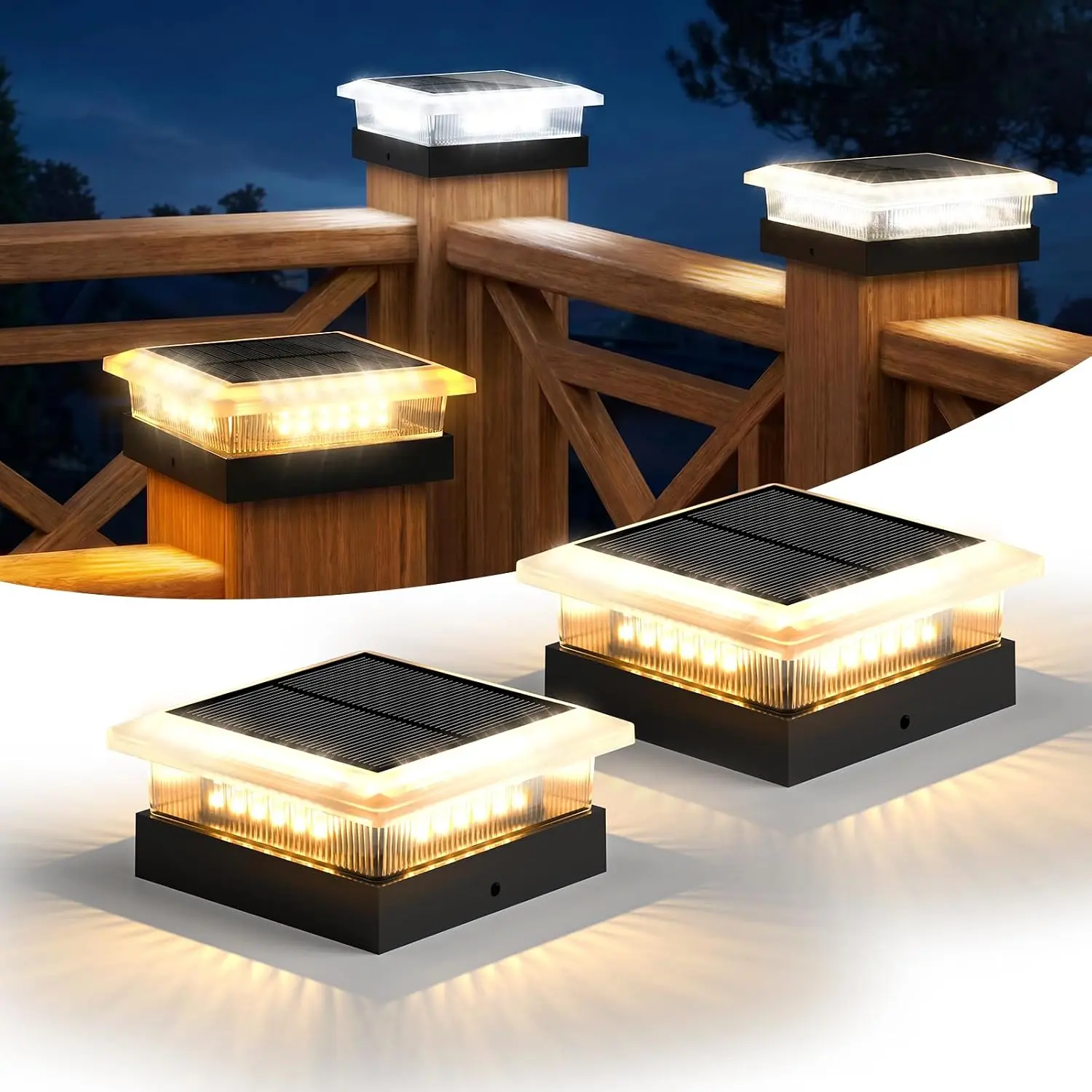 WELALO 4x4 96 LED Post Solar Lights 2 Pack, 4 Lighting Modes Solar Post Cap Lights for 4x4 3.5x3.5 Wood/Vinyl Posts, Ip67 Waterproof Fence Deck Post Lights Solar Powered for Patio Porch, Black