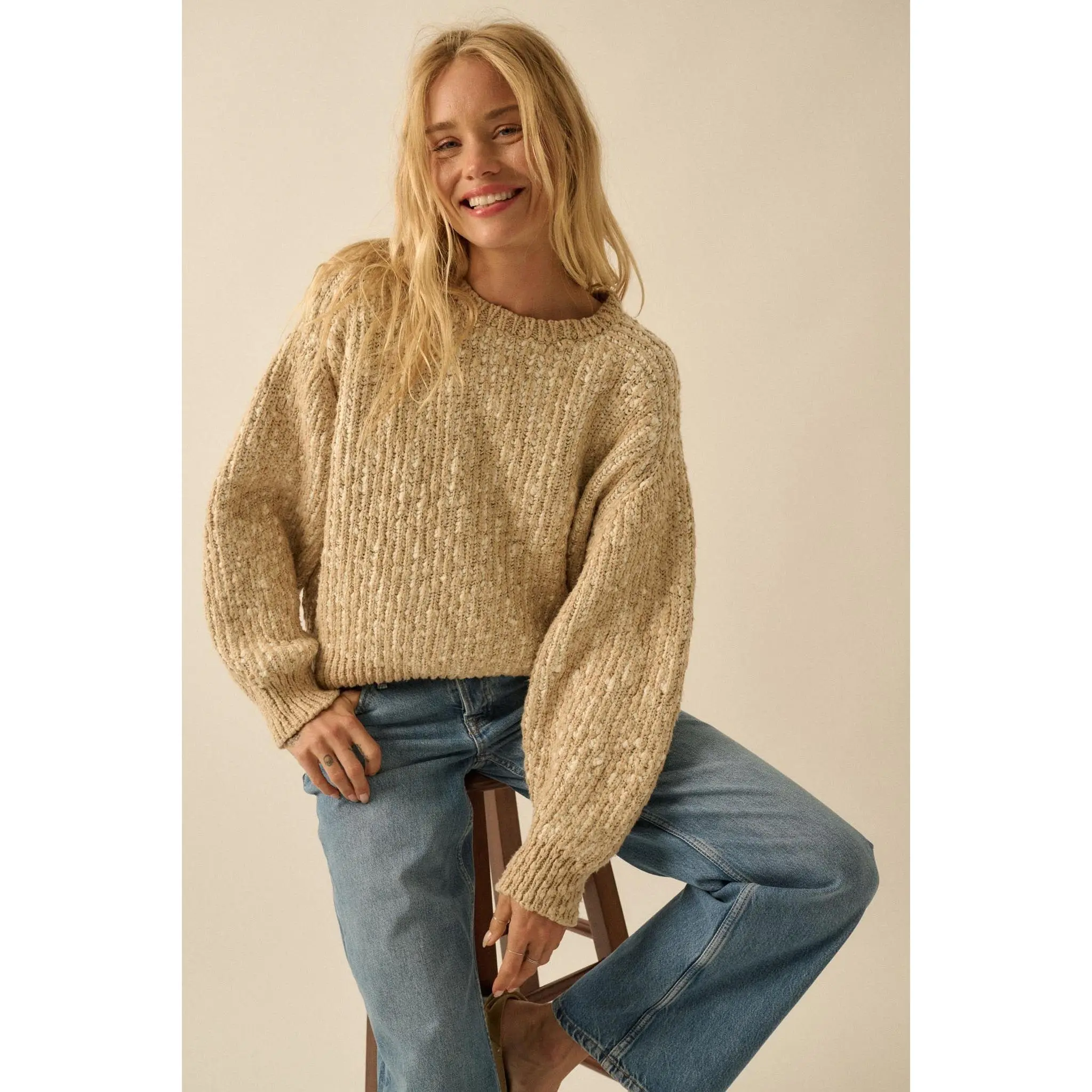 Live and Learn Marled Boucle Rib-Knit Sweater