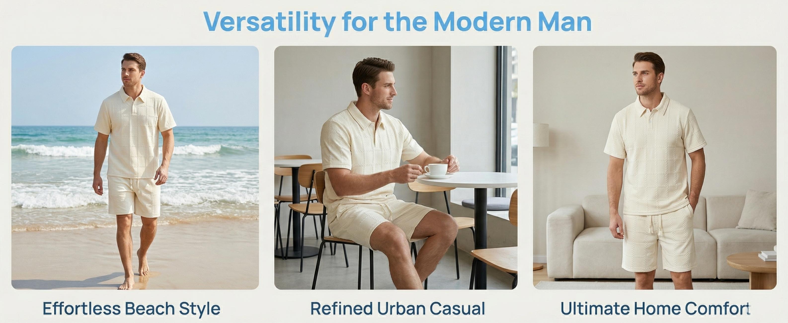 Men's 2 Piece Loungewear Set, Textured Polo Shirt & Shorts for Home & Streetwear