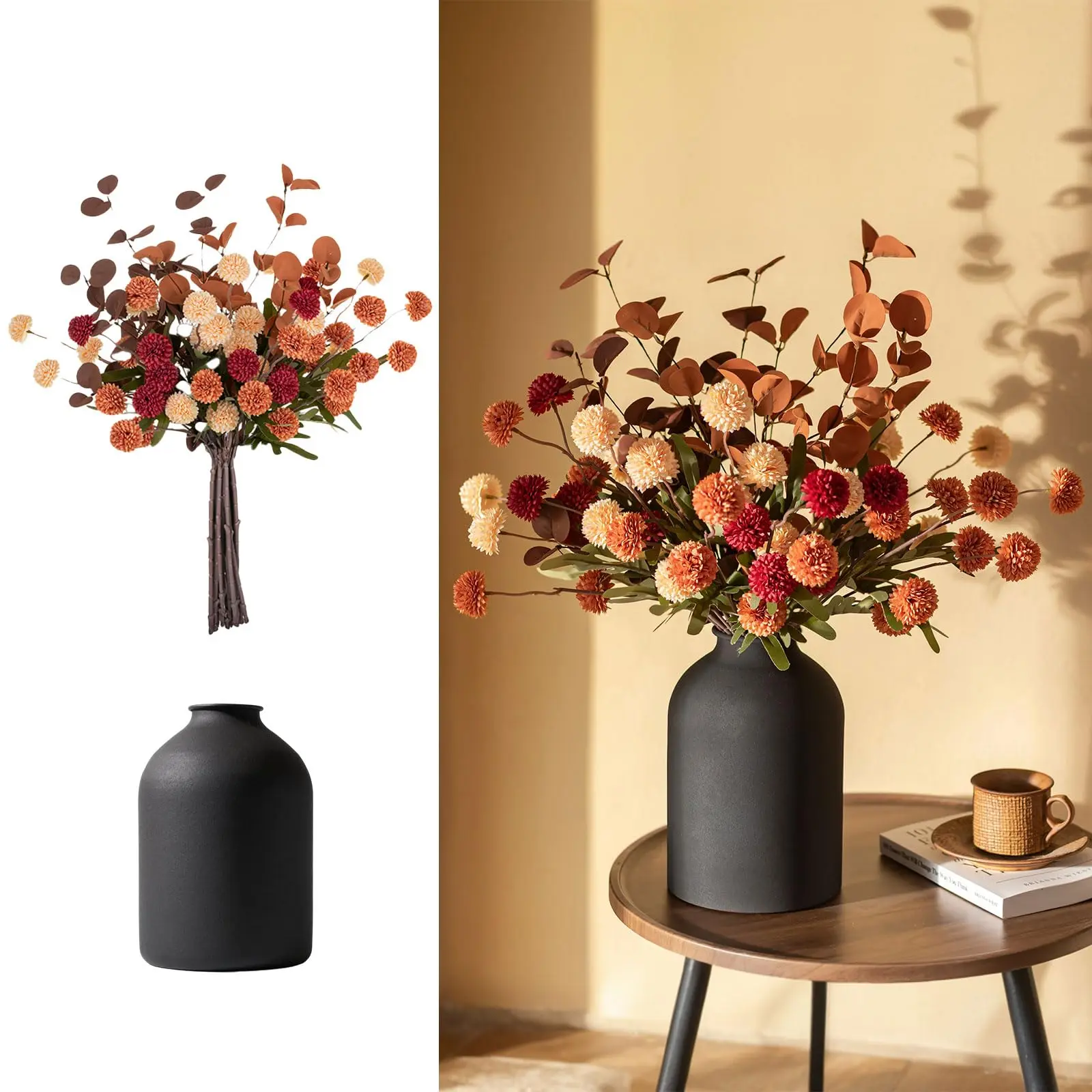 Artificial Pom Pom Floral Arrangement in Vase - 12 Stems Fall Color Fake Mums,Kiku Flowers,Eucalyptuses,Chic Aesthetic,Aesthetic Home Decor,Home Decor Items,Living Room Centerpiece,Kitchen Island Accent, Living Room Decor, Decor For Living Room