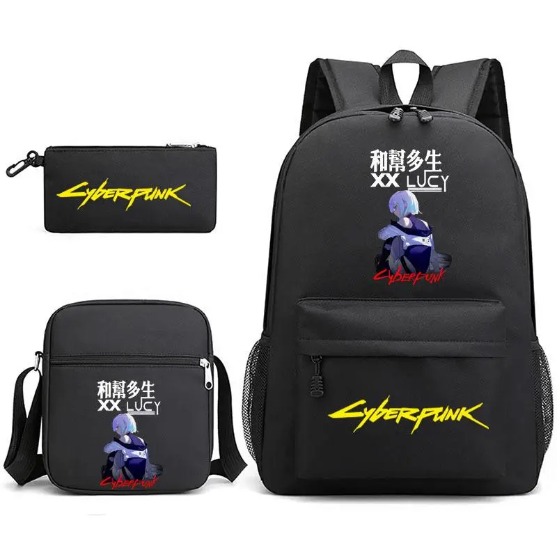 3 In 1 Cyberpunk Edgerunners Lucy Backpack Set, Teen Black Oxford Anime School Backpack Crossbody Bag Pencil Pouch Kit