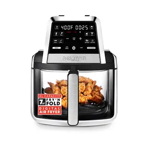 Gourmia 7 Qt Fry ’N Fold Digital Square Air Fryer with Glass Basket 10 Presets Guided Cooking Prompts Dishwasher Safe Crisper Tray 1500W 90°F-400°F Temperature Range Large Capacity Family Sized