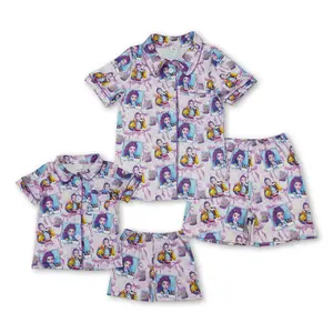 Mummy And Me Summer Pajamas Set Adult Women Cartoon Purple Sleep Wear