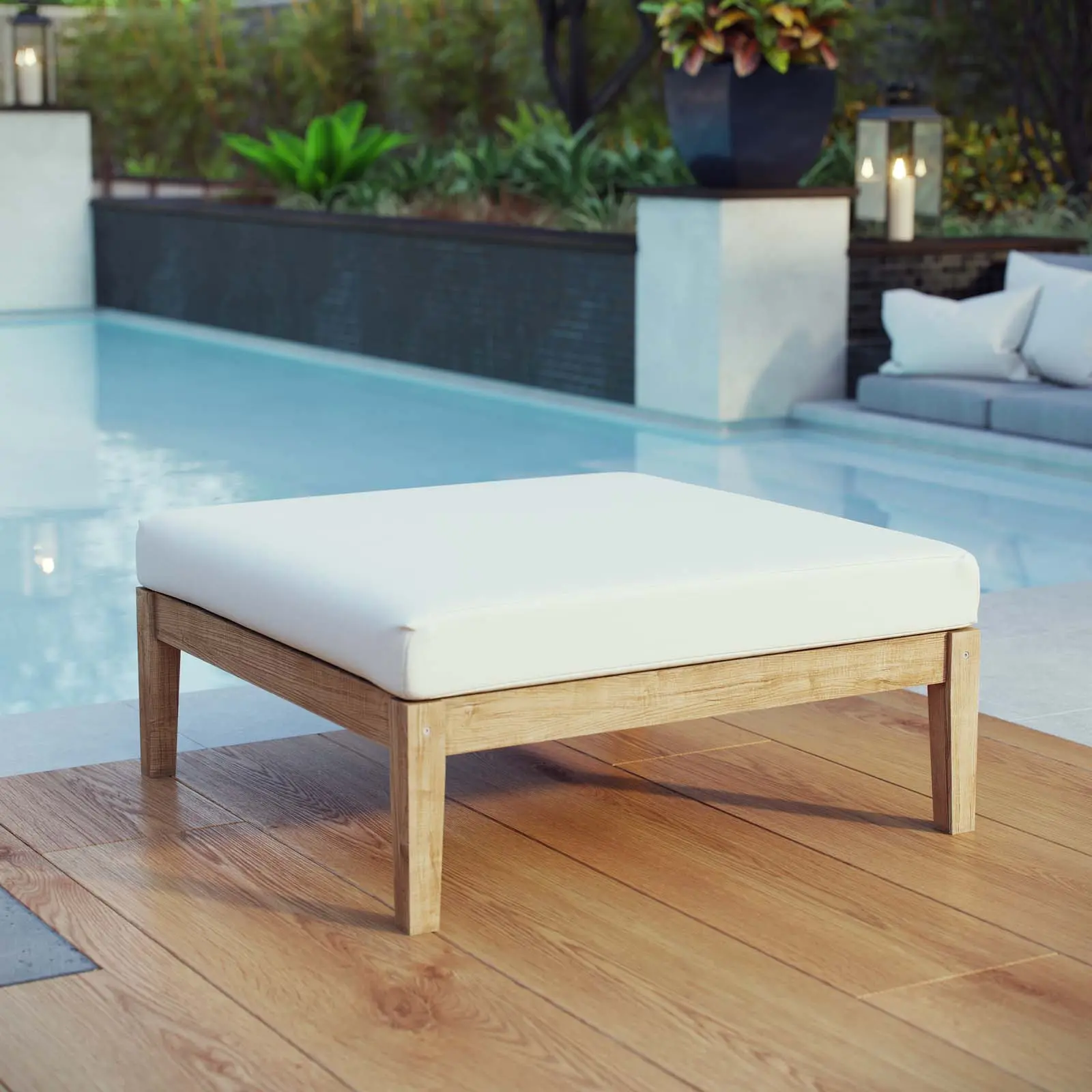 Modway Bayport Teak Wood Outdoor Patio Ottoman, Natural White, Slant Backs, Solid Frame, Weatherproof Outdoor Furniture Stool