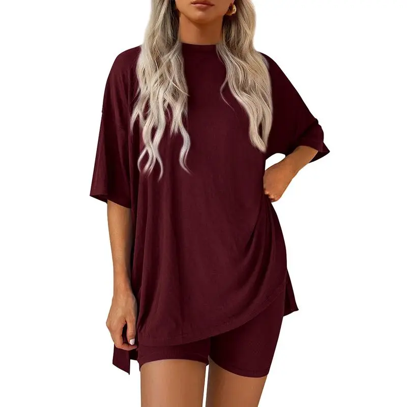 Women'sSummerTwo-PieceSetCasualOversizedShirtsBikerShortsMatchingAirportTravelOutfitSplitHemLounge#Gift