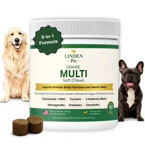 Linden Pet Dog Multivitamin Soft Chews | 6-in-1 Formula with Glucosamine MSM Chondroitin Probiotics Mushroom Blend Ashwagandha | Hip & Joint Mobility Digestion Immune & Stress Support | 60 Chews