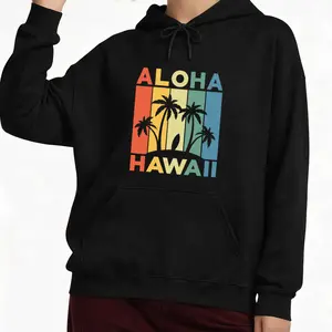 Long Sleeve Hoodie with Hawaiian Island Surfboard and Palm Tree Motif