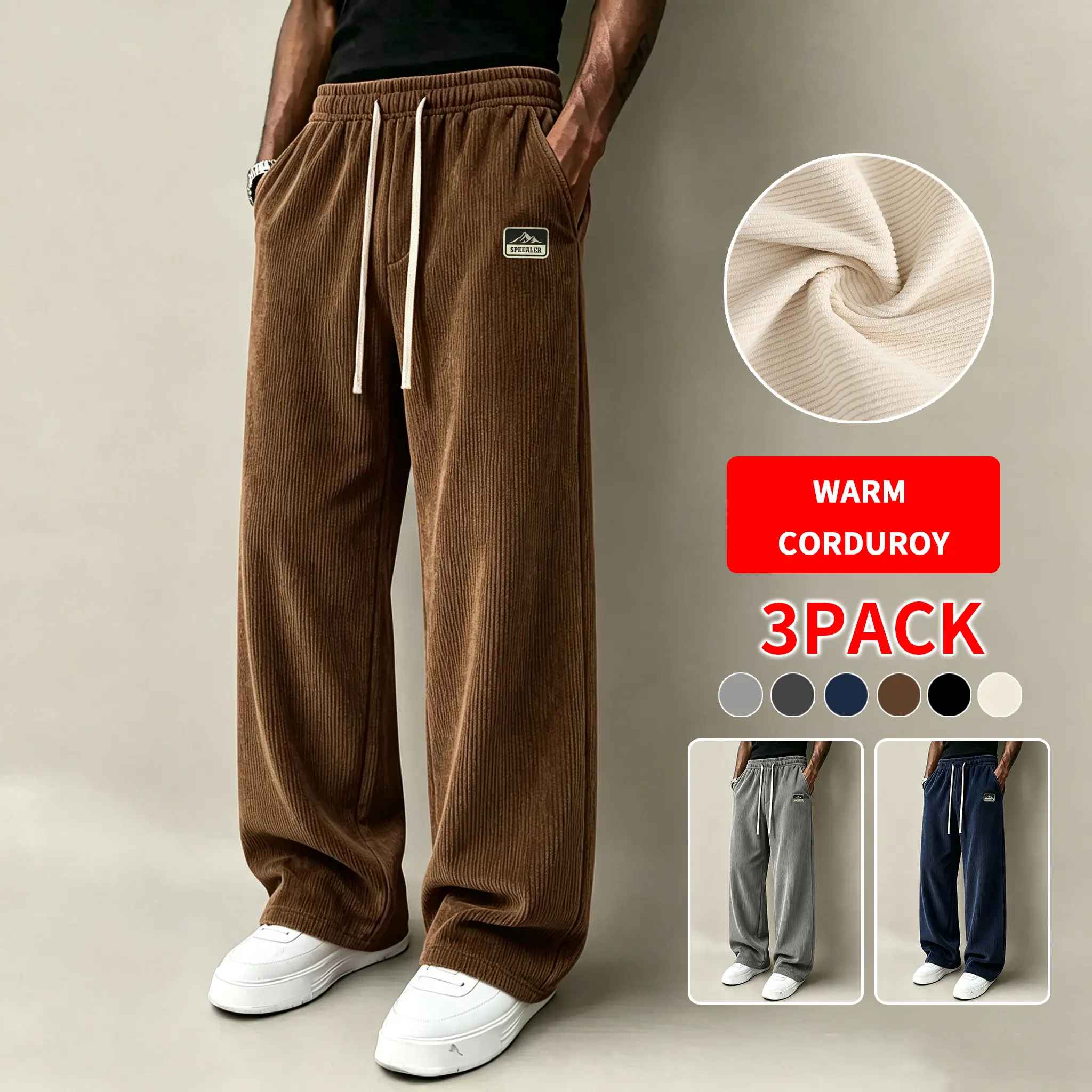 Men's 3-Pack Vintage Corduroy Loose Wide-Leg Pants - Warm, Wind-Resistant Fabric, Elastic Waist with Drawstring, Deep Side Pockets, Straight Casual Trousers, Ideal for Autumn Winter, Gift for Daily Leisure Walking Street Fashion