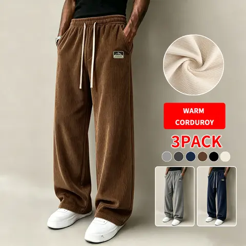 Men's 3-Pack Retro Corduroy Baggy Wide-Leg Pants - Repro-Free, Soft Minimalist Classic Menswear, Warm Wind-Resistant Fabric, Elastic Drawstring Waist, Deep Side Pockets, Autumn Winter Daily Leisure Trousers, Baggy Pants