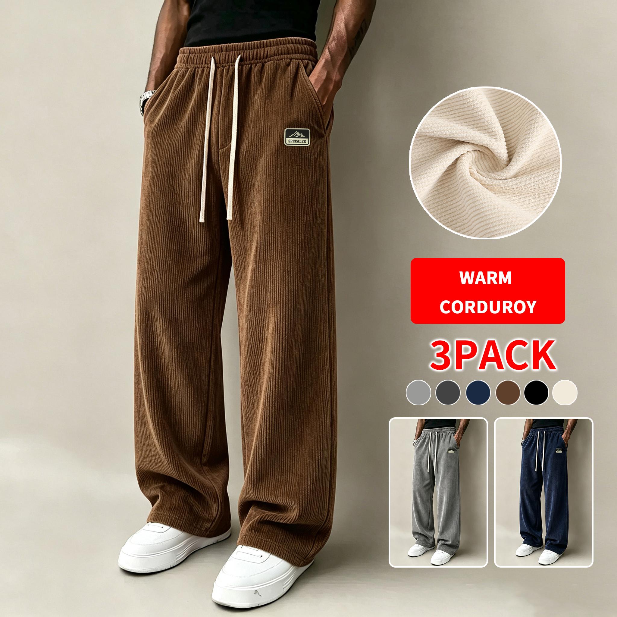 Men's 3-Pack Retro Corduroy Loose Wide-Leg Pants - Repro-Free, Soft Minimalist Classic Menswear, Warm Wind-Resistant Fabric, Elastic Drawstring Waist, Deep Side Pockets, Autumn Winter Daily Leisure Trousers, Corduroy Pants