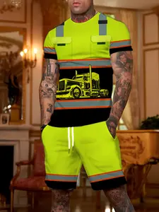 Fluorescent Truck Pattern Short Sleeve Set, Men's Casual Sportswear Two-Piece, Athleisure Summer Clothes Fashion Trendy Dressing