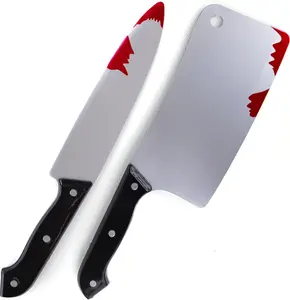 Fake Bloody Knife Set for Halloween - Bloody Knife Prop Set with Meat Cleaver and Kitchen Knife - Two Highly Detailed Plastic Knives for Halloween Costumes