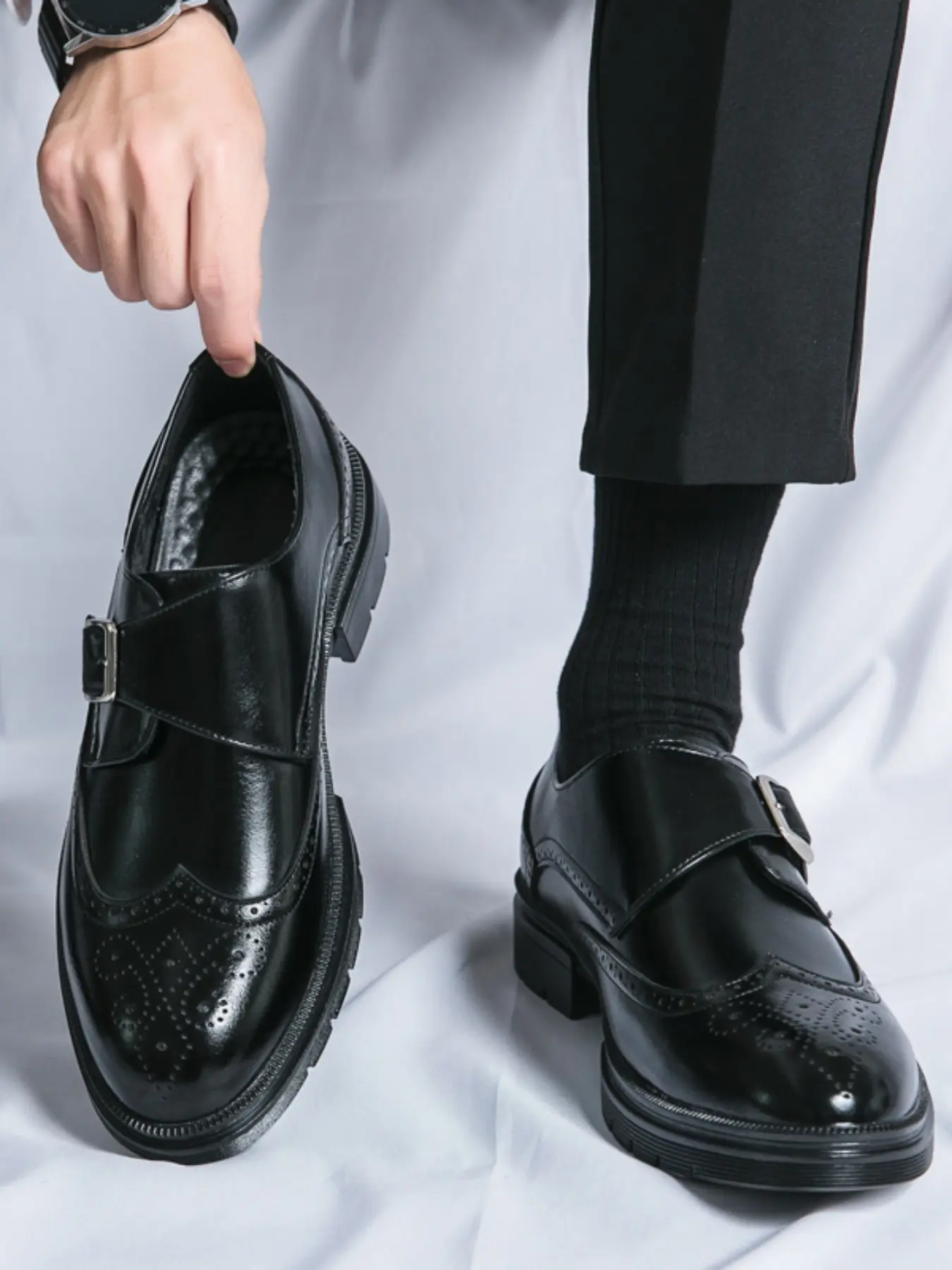 Men's Business Office Formal Closed Leather Shoes, Thick Sole Height Increase, Fashionable Pointed Toe Wedding Groom Dress Shoes, Casual Party Dance Wear, Trendy Pointed Toe, Business Style Shoes
