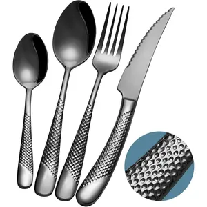 16- Modern Black Hammered Silverware Set with Ultra  2-IN-1 Serrated , 18/10 Stainless Steel Flatware Set, Titanium Plated Cutlery Set Service for 4, Dishwasher Safe