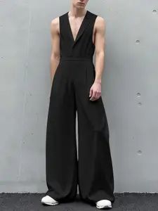 INCERUN Men Jumpsuits Solid Color Lapel Sleeveless Button Male Rompers Streetwear Loose Fashion Casual Overalls