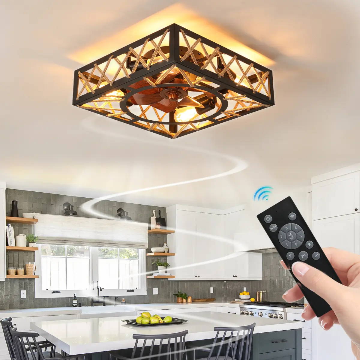 Farmhouse Style Modern Square Caged Industrial Ceiling Fan with Ceiling Lights, 6-Speed Noiseless DC Motor, Remote Control for Kitchen, Living Room