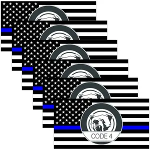 Waterproof Thin Blue Line Stickers Code 4 - 6-Pack American Flag Decal, All-Weather Police Support for Car, Truck, Laptop & More