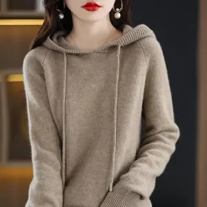 Women’s cashmere hooded sweater for autumn and winter, long sleeves, solid color knit, loose fit, drawstring, casual pullover hoodie