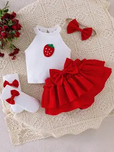 Baby Girl 5-Piece Set, Strawberry Embroidered Sleeveless Halter Top, Bowknot Layered Skirt, Butterfly Headband, Socks, Sweet Fashion