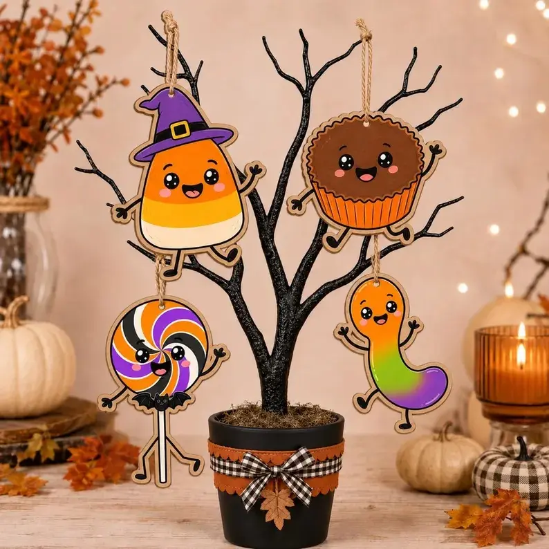 Halloween Wooden Ornament Set Candy Corn Cupcake Lollipop Hanging Decor Gift