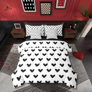 Love 7 Piece Comforter Bed Set,Black and White Bedding Women Men Boys Girls Cute Heart Shaped Sheet Set with Comforter,Kawaii Bed Love Heart Valentine Bed Set