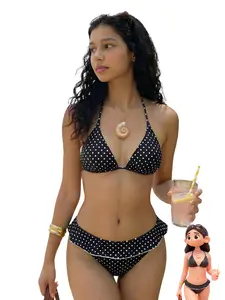 Women's Summer Beachwear Bikini Set, Polka Dot Print Design, Leaf Hem Detail, Cute & Sexy Fashion Swimwear, Perfect for Vacation