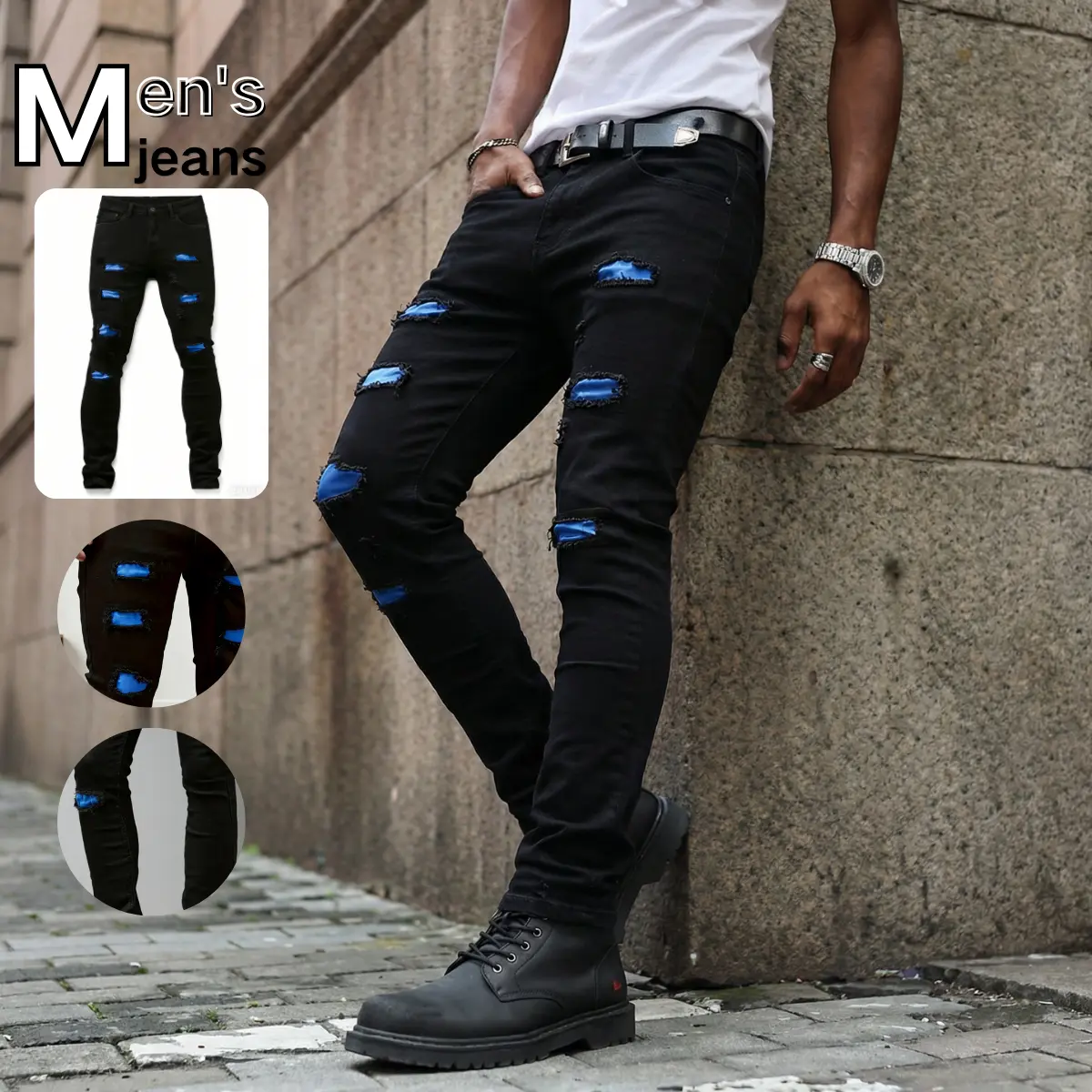 Men's Ripped Colorblock Slim-Fitted Cotton-Polyester Jeans - Menswear Bottoms with Blue Patch, Distressed Detail, Casual Street Style, Full-Length Black Trousers