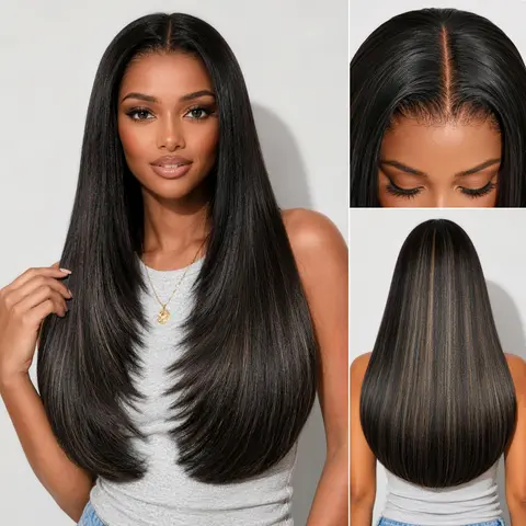 Teslal Hair Blend Balayage Layered Straight Glueless Wig 6X6 T-Part Lace Front Wig 220% Density Pre-Plucked Pre-Cut Adjustable Straps Middle Part Beginner Friendly