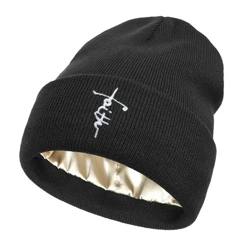 Letter Embroidery Satin lining Hat, Casual Winter Warm Knit Hat for Women & Men, Fashion Accessories for Daily Wear, Knitting Warm Hat