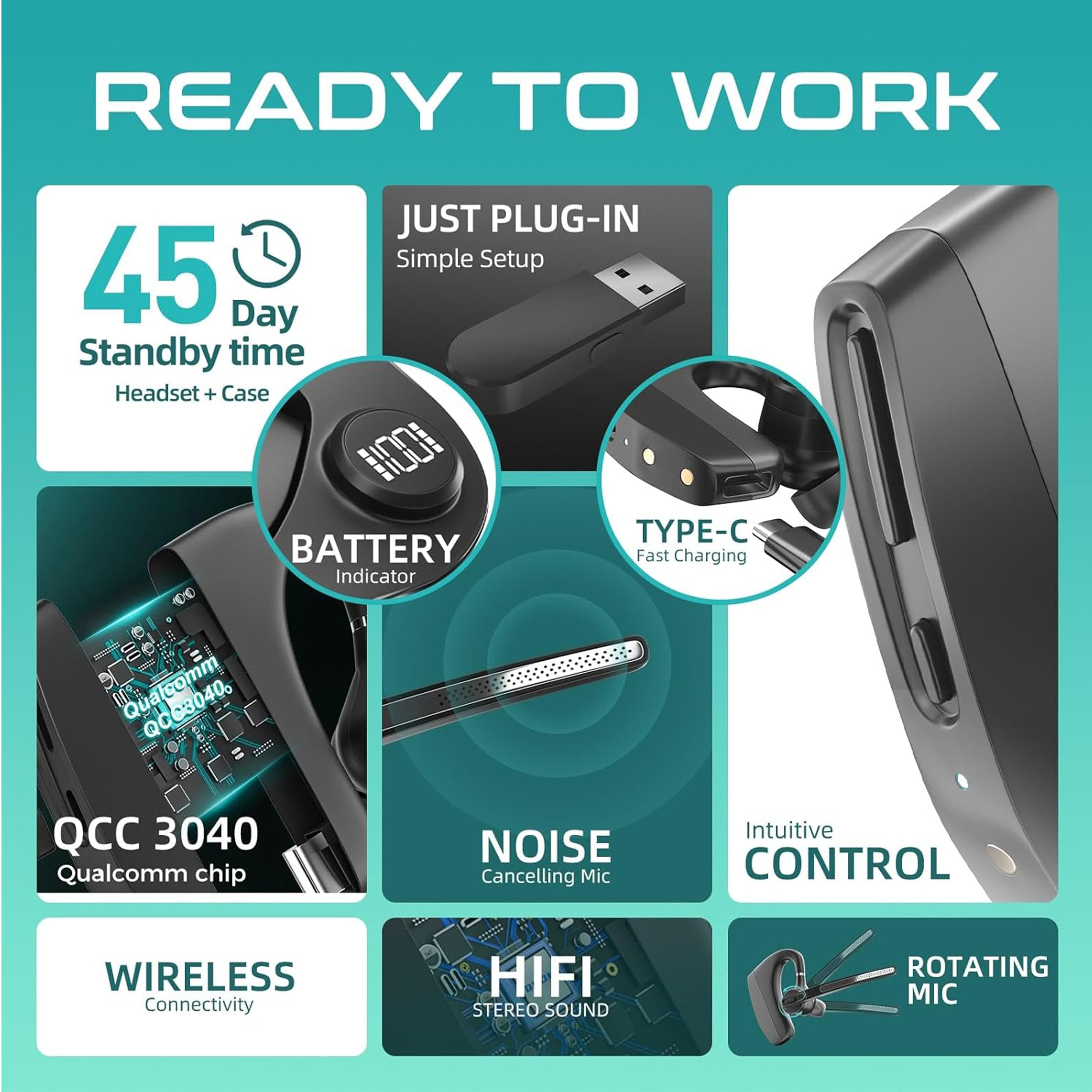 Bluetooth Headset Wireless Earpiece with 450mAh Charging Case USB Dongle Noise Canceling Mic for PC Computer, Laptop, Cell Phones, Remote Work, Call Center, Trucker Work, Business