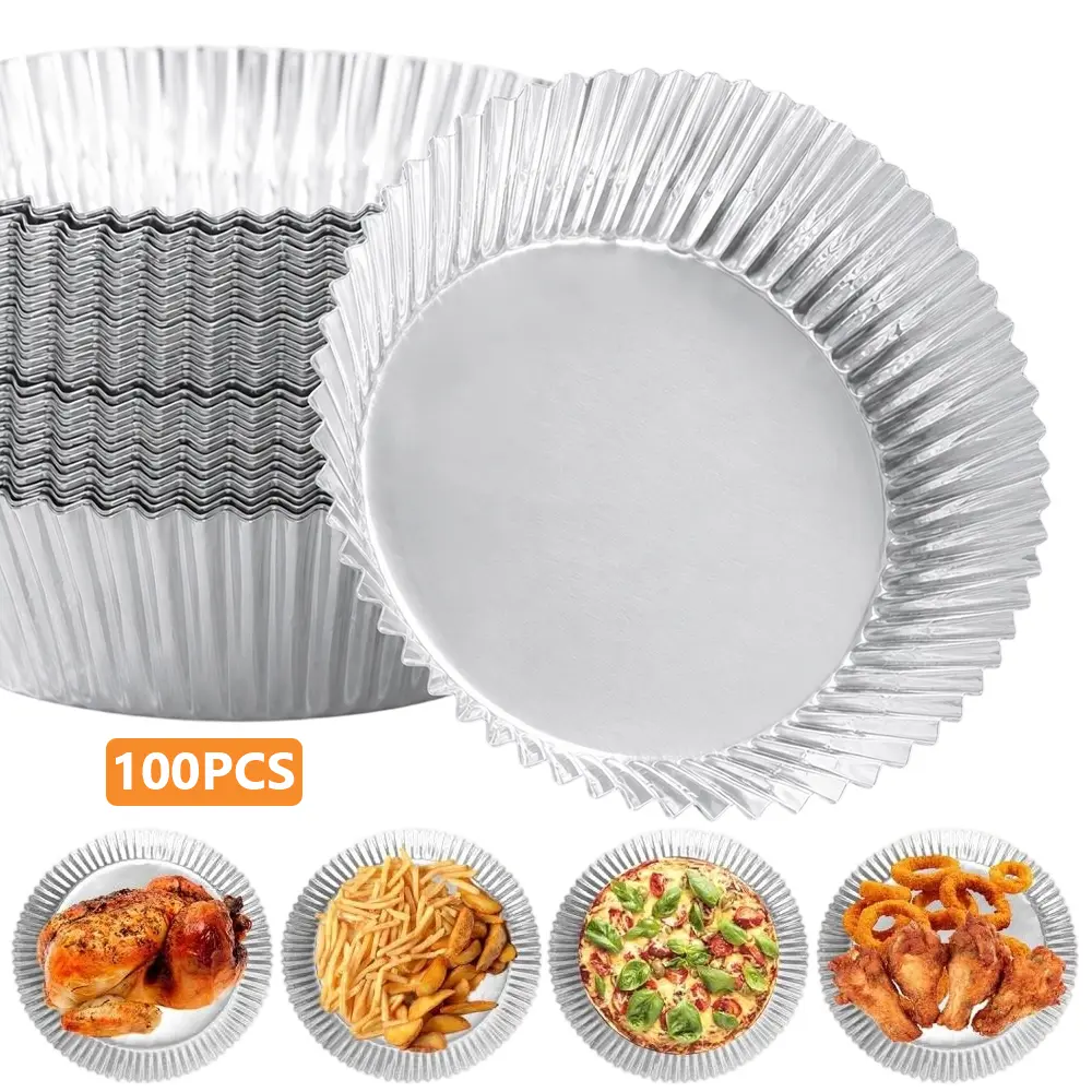100 PCS Bulk Round Bowl Aluminum Foil Air Fryer Liners - Food Grade, Non-stick, Oilproof, Waterproof Bakeware with 4.5cm Heightened Edge, Easy to Use for Baking, Grilling, Camping (Home & Festive Disposable Tableware)