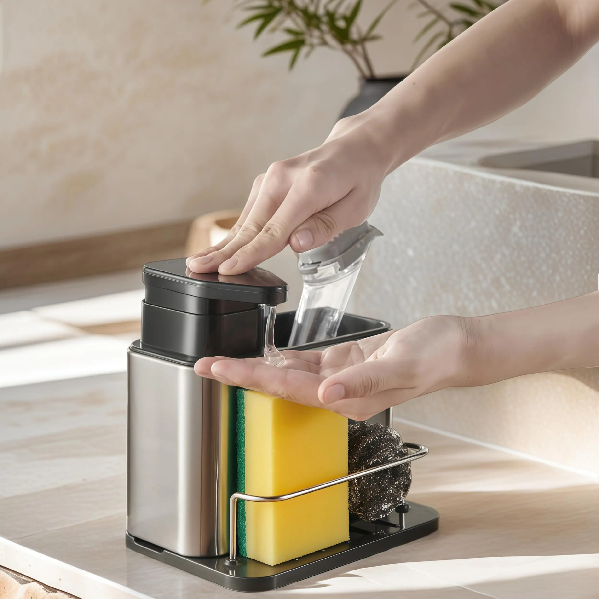 3-in-1 Kitchen Sink Caddy,Dish Soap Dispenser with Sponge Holder Stainless Steel Dish Brush Scrubber with Sponge Holder for Kitchen & Bathroom Countertop Organizer