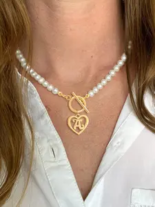 Women's Heart-Shaped Letter Toggle Clasps Pendant Necklace, Elegant Beaded Necklace, Fashion Vintage Faux Pearl Beaded Chain, Casual All-Season Jewelry