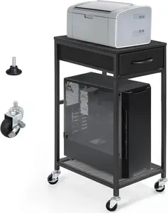 2 Tier Computer Tower Stand with Drawer, Mobile Rolling PC Cart with Storage, Metal CPU Holder with Wheels, Black Floor Standing Computer Tower Stand for Office