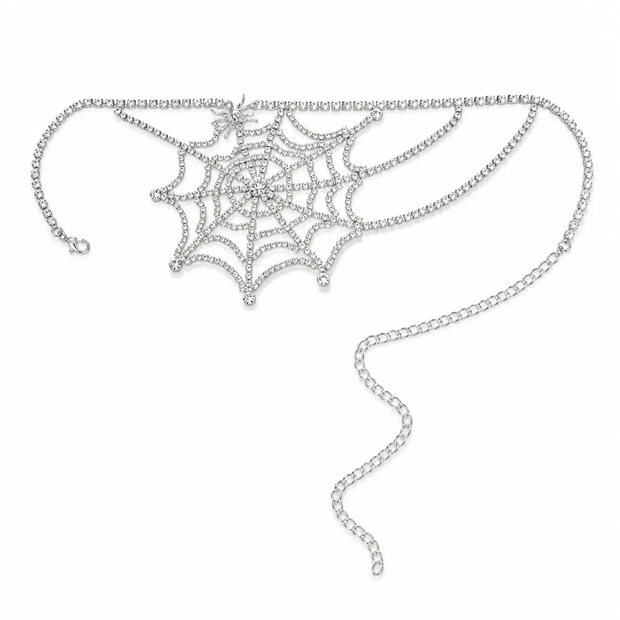 Halloween Spider Web Thigh Chain for Women, Silver-Tone Rhinestone Layered Leg Jewelry with Adjustable Extender