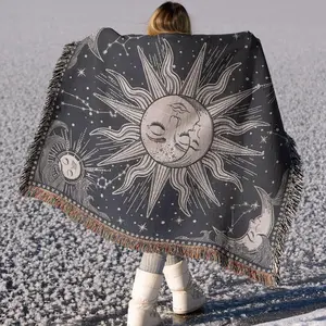 Multi Purpose Camping blanket Yarn Woven with Tassel: Constellation Sun and Moon Pattern, Soft and Breathable, Suitable for Travel Camping Beach Towel Lawns Weddings Concerts. Indoor Bohemian Decoration and Used As Bed Blanket Sofa Towel Tablecloth