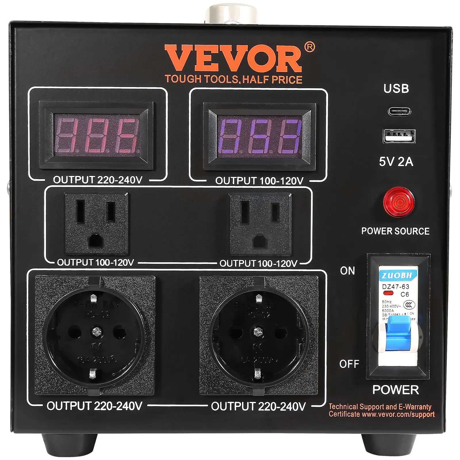 VEVOR Heavy-Duty Step-Up/Down Voltage Converter Transformer, 2000W Max, 5V USB Port, 110V-220V Conversion, 2 LED Displays, 14.8 lbs, 15A, 2 Spare Fuses, 50-60 Hz
