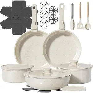 23 count Pots and Pans Set Non Stick, Ceramic Cookware Set Non  with Detachable Handles,  Induction Cookware Oven Safe RV Kitchen Set,  PFOA & PTFE Free, Cream White