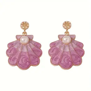 2pcs Elegant French Style Scalloped Shell Dangle Earrings with Faux Pearl Accents - Golden-Tone Detailing, Perfect for Vacation & Casual Wear, Stylish Everyday Accessory, Ideal Gift for All Seasons accessories men earrings for women