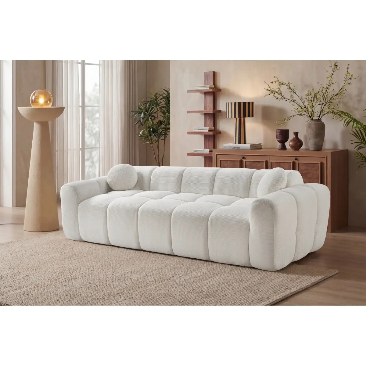 98.4" Extra Large Compression Sofa, Corduroy Cloud Puff Couch for Living Room, 4-Seater Upholstered Sofa with 2 Pillows, Vacuum Packed Easy to Move for Small Space, Apartment, Studio