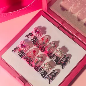 FY031-28-10 Pcs Handmade Duck Nails Dark Baroque Nails｜Metal Cross & Splatter Glitter｜Midnight Queen