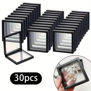 30pcs Elegant 3D Floating Display Cases, Dustproof Plastic Jewelry Storage Boxes, Necklace Bracelet Ring Coin Earring Pin Holder