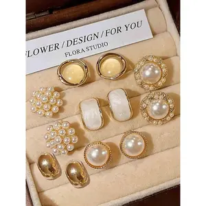Elegant French Vintage Faux Pearl Geometric Earrings Set, Simple Style Women's Daily mute Versatile Earings, 6 Pairs